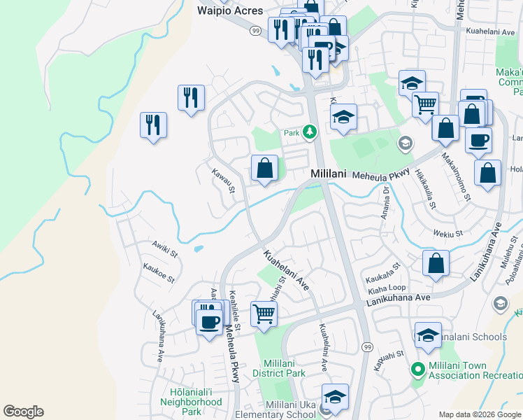 map of restaurants, bars, coffee shops, grocery stores, and more near 95-306 Kaloapau Street in Mililani