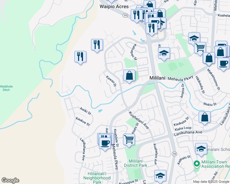 map of restaurants, bars, coffee shops, grocery stores, and more near 95052 Kuahelani Avenue in Mililani