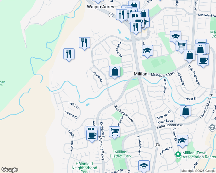 map of restaurants, bars, coffee shops, grocery stores, and more near 95052 Kuahelani Avenue in Mililani