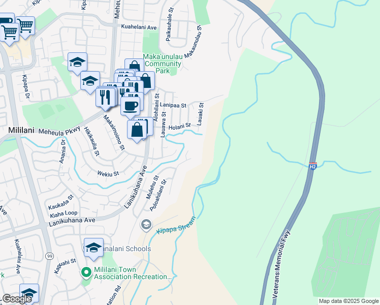 map of restaurants, bars, coffee shops, grocery stores, and more near 94-128 Kuaie Place in Mililani