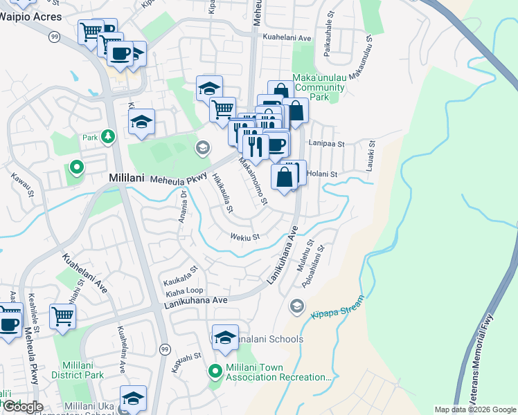map of restaurants, bars, coffee shops, grocery stores, and more near 95-100 Mahuli Street in Mililani