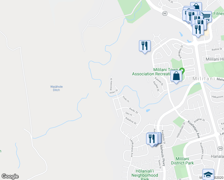 map of restaurants, bars, coffee shops, grocery stores, and more near 21 Ahiku Street in Mililani