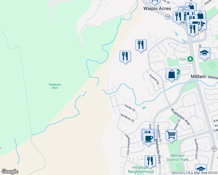 map of restaurants, bars, coffee shops, grocery stores, and more near 21 Ahiku Street in Mililani