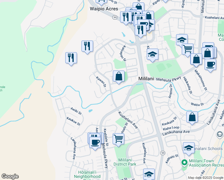 map of restaurants, bars, coffee shops, grocery stores, and more near 95052 Kuahelani Avenue in Mililani