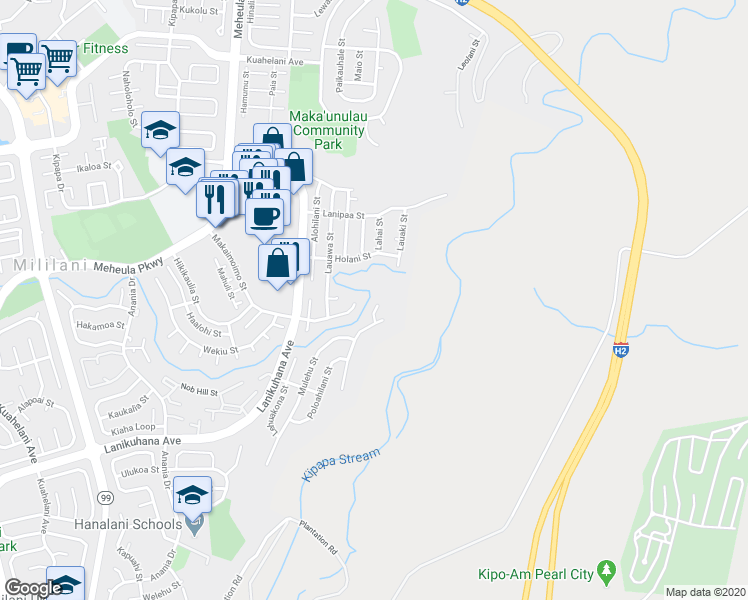 map of restaurants, bars, coffee shops, grocery stores, and more near 94-128 Kuaie Place in Mililani