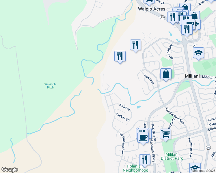 map of restaurants, bars, coffee shops, grocery stores, and more near 21 Ahiku Street in Mililani