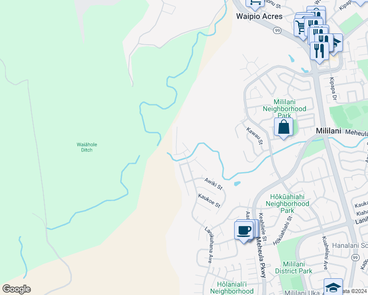 map of restaurants, bars, coffee shops, grocery stores, and more near 21 Ahiku Street in Mililani