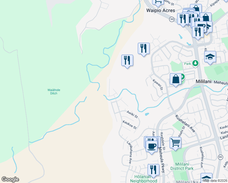 map of restaurants, bars, coffee shops, grocery stores, and more near 95-280 Ualalehu Street in Mililani