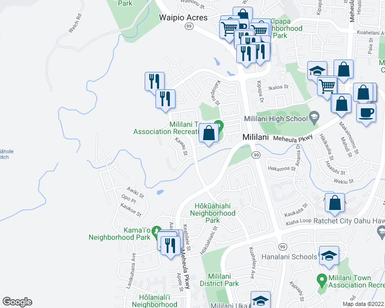 map of restaurants, bars, coffee shops, grocery stores, and more near 95052 Kuahelani Avenue in Mililani