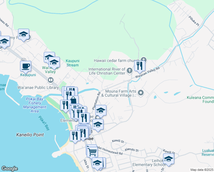 map of restaurants, bars, coffee shops, grocery stores, and more near Mahiaina Street in Waianae