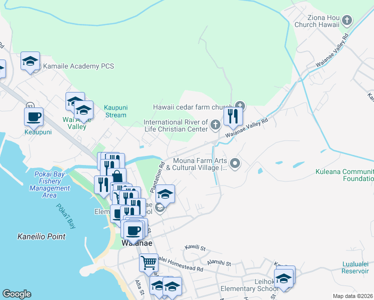 map of restaurants, bars, coffee shops, grocery stores, and more near 85-1043 Mahiaina Street in Waianae