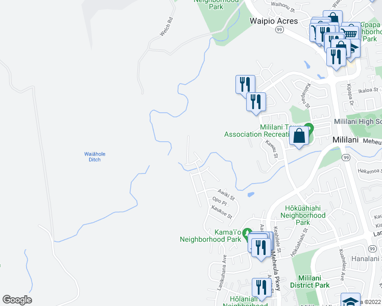 map of restaurants, bars, coffee shops, grocery stores, and more near 21 Ahiku Street in Mililani
