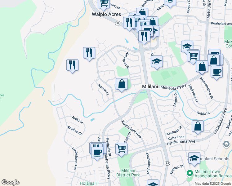 map of restaurants, bars, coffee shops, grocery stores, and more near 95052 Kuahelani Avenue in Mililani