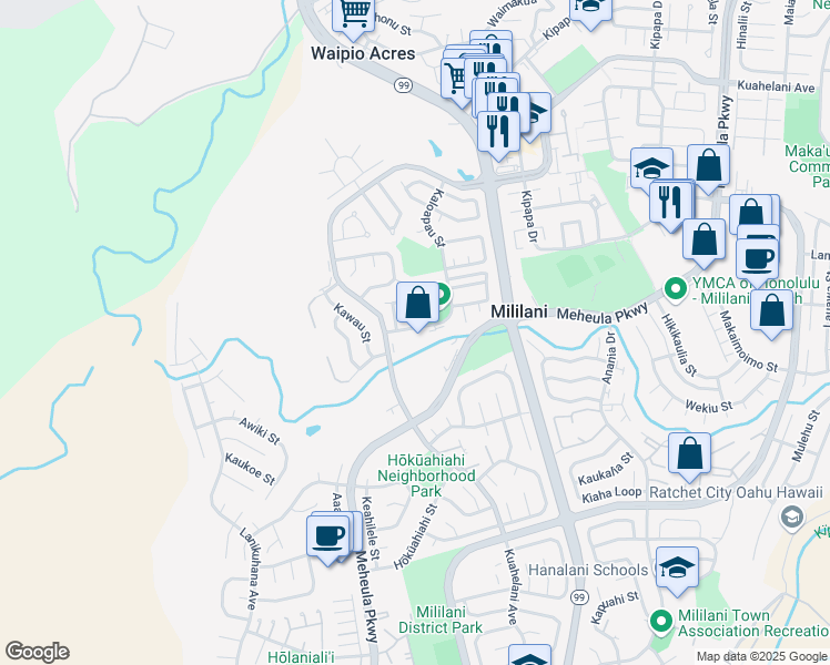 map of restaurants, bars, coffee shops, grocery stores, and more near 95-306 Kaloapau Street in Mililani
