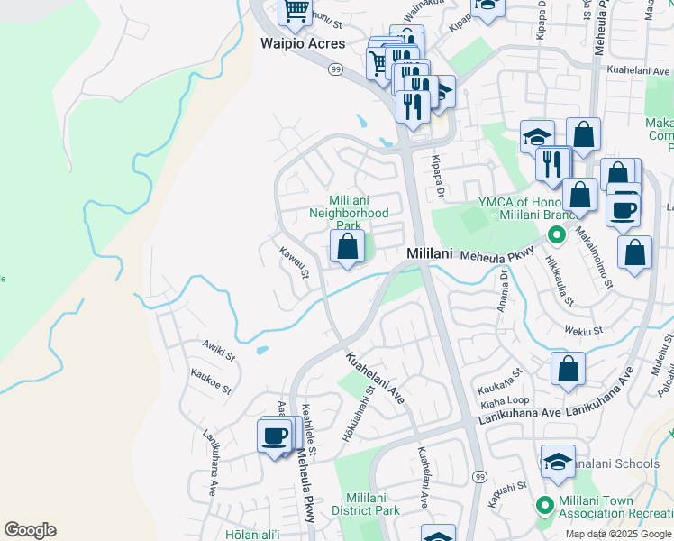 map of restaurants, bars, coffee shops, grocery stores, and more near 95-306 Kaloapau Street in Mililani