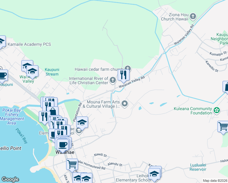 map of restaurants, bars, coffee shops, grocery stores, and more near 85-577 Momona Place in Waianae