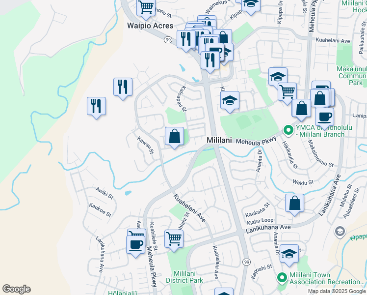 map of restaurants, bars, coffee shops, grocery stores, and more near 95-310 Kaloapau Street in Mililani