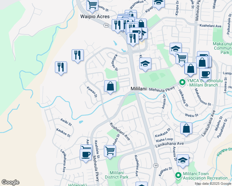 map of restaurants, bars, coffee shops, grocery stores, and more near 95-233 Kehepue Loop in Mililani