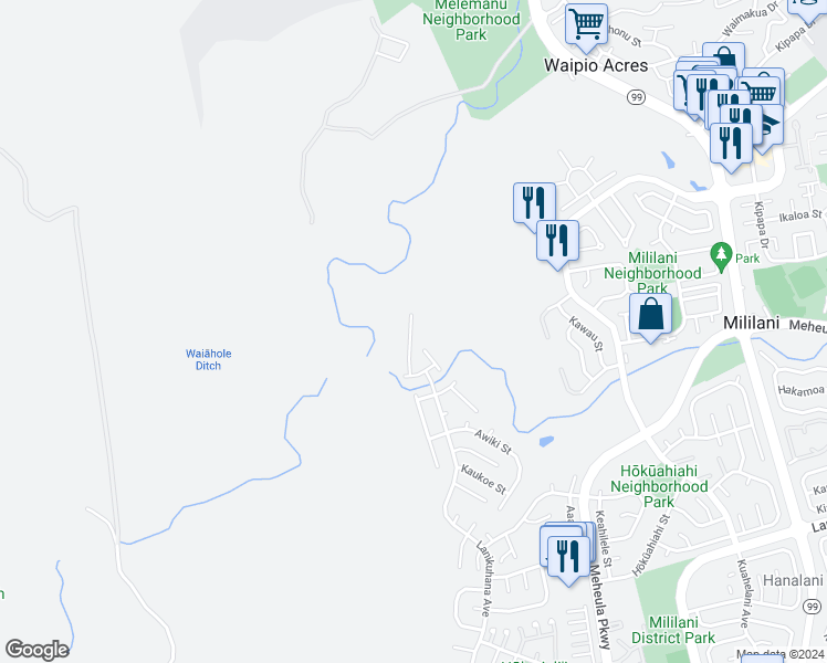 map of restaurants, bars, coffee shops, grocery stores, and more near 95-215 Waioleka Street in Mililani