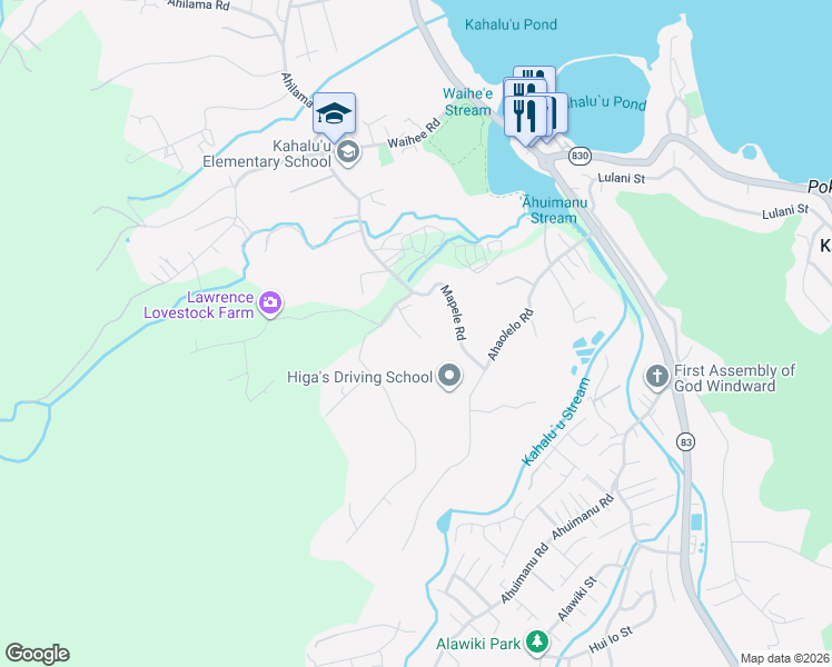 map of restaurants, bars, coffee shops, grocery stores, and more near 47-530 Mapele Road in Kaneohe