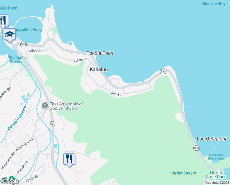 map of restaurants, bars, coffee shops, grocery stores, and more near 47-225 Iuiu Street in Kaneohe