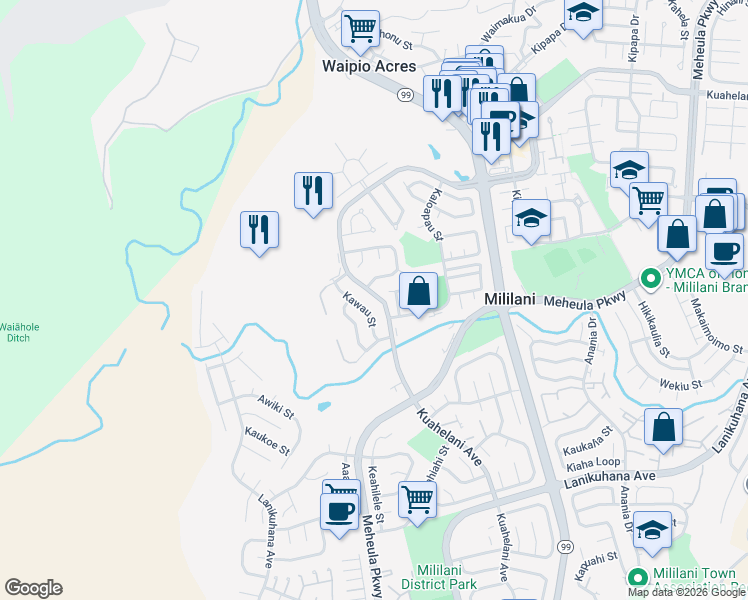 map of restaurants, bars, coffee shops, grocery stores, and more near 95-193 Kehepue Place in Mililani