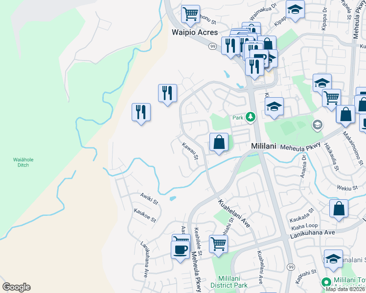 map of restaurants, bars, coffee shops, grocery stores, and more near 95-111 Kawau Street in Mililani