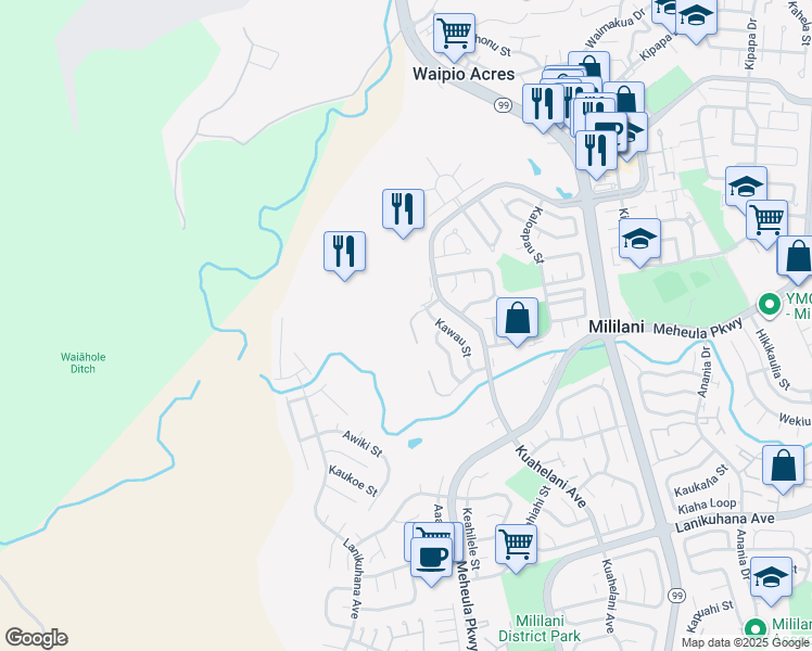 map of restaurants, bars, coffee shops, grocery stores, and more near 95-36 Hokuiwa Street in Mililani