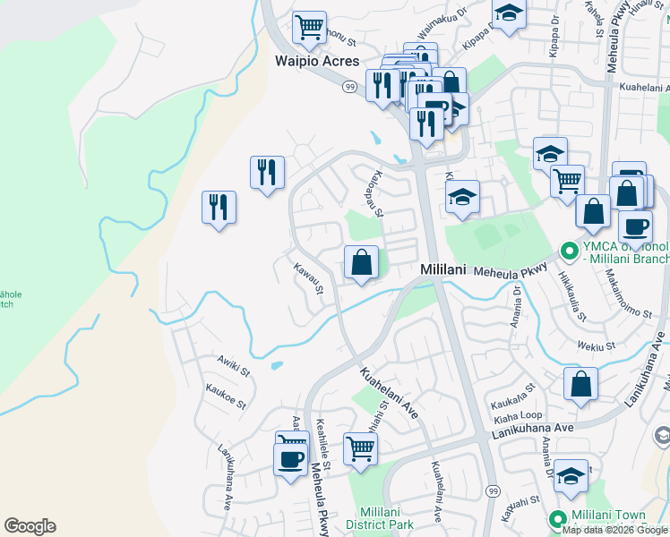 map of restaurants, bars, coffee shops, grocery stores, and more near 95-193 Kehepue Place in Mililani