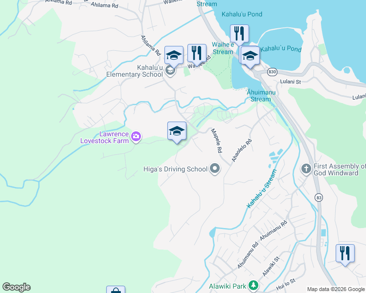 map of restaurants, bars, coffee shops, grocery stores, and more near 47-546D Mapele Place in Kaneohe