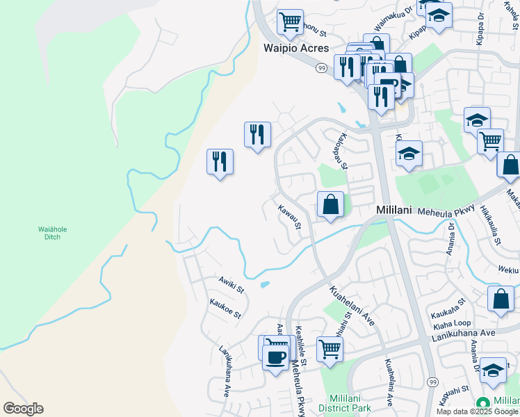 map of restaurants, bars, coffee shops, grocery stores, and more near 95-36 Hokuiwa Street in Mililani