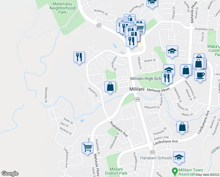 map of restaurants, bars, coffee shops, grocery stores, and more near 95-233 Kehepue Loop in Mililani