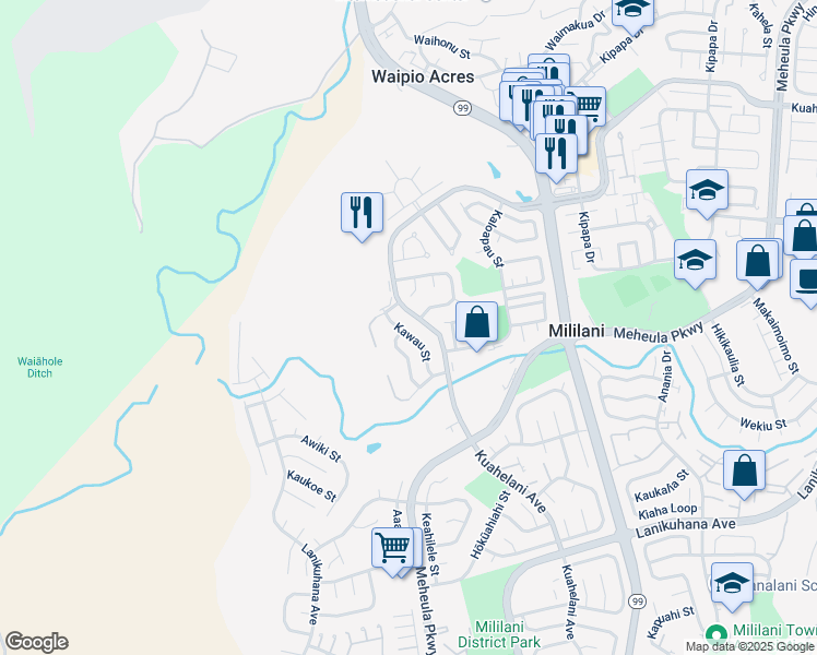 map of restaurants, bars, coffee shops, grocery stores, and more near 95-111 Kawau Street in Mililani