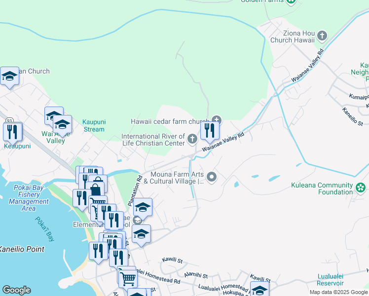 map of restaurants, bars, coffee shops, grocery stores, and more near 85-576 Waianae Valley Road in Waianae