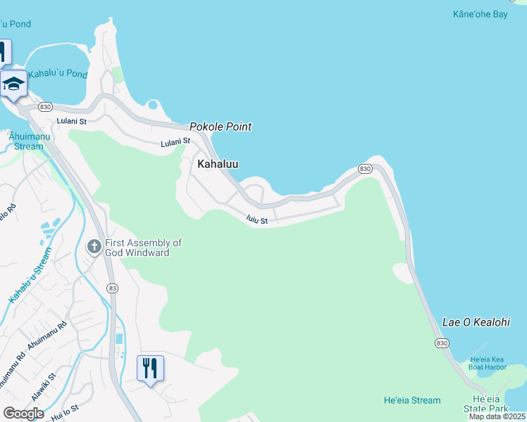 map of restaurants, bars, coffee shops, grocery stores, and more near 47-225 Iuiu Street in Kaneohe