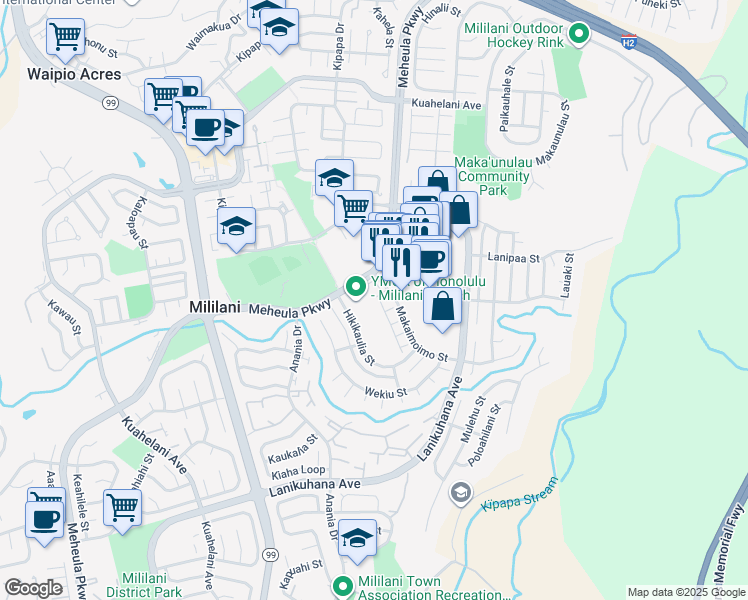 map of restaurants, bars, coffee shops, grocery stores, and more near 95-458 Mahuli Street in Mililani