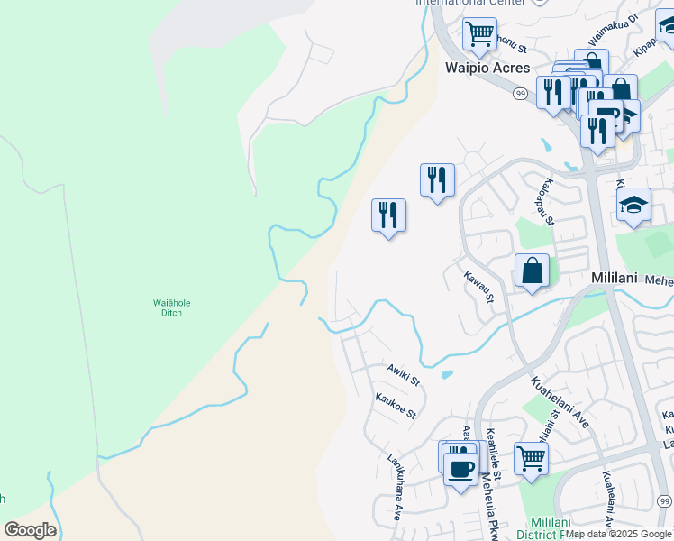 map of restaurants, bars, coffee shops, grocery stores, and more near 95 Waioleka Street in Mililani
