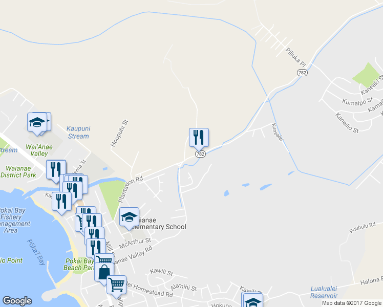 map of restaurants, bars, coffee shops, grocery stores, and more near 85-577 Momona Place in Waianae