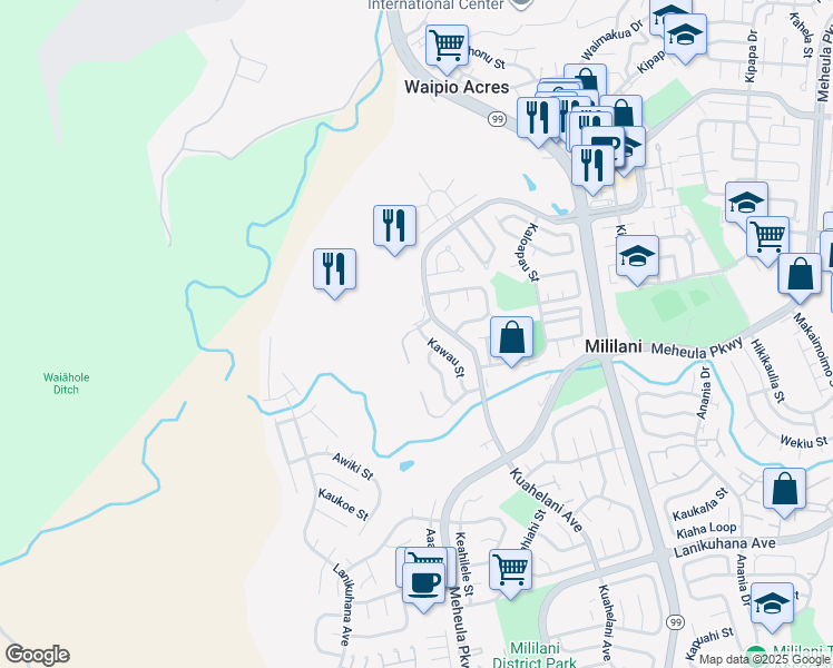map of restaurants, bars, coffee shops, grocery stores, and more near 95-36 Hokuiwa Street in Mililani