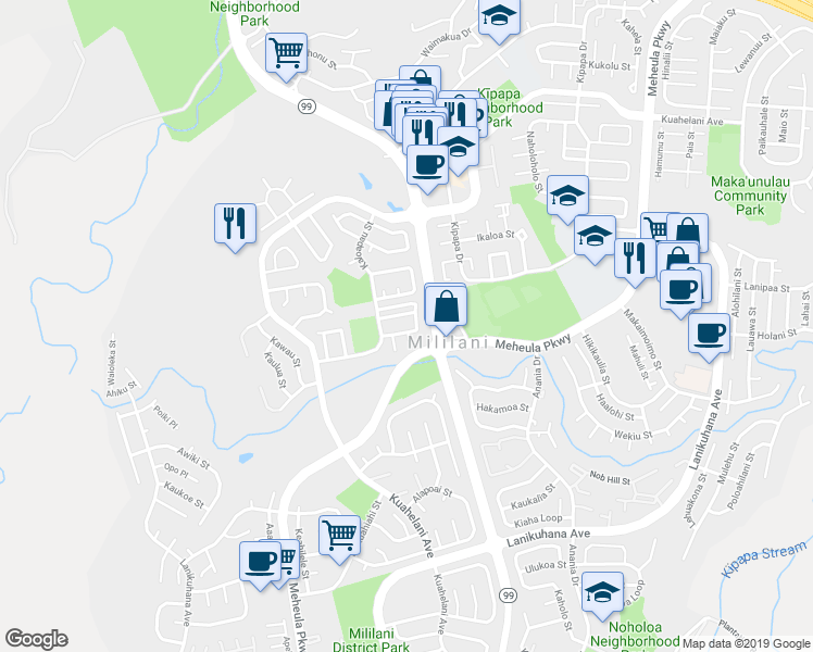 map of restaurants, bars, coffee shops, grocery stores, and more near 95-299 Kailiula Loop in Mililani