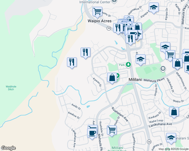 map of restaurants, bars, coffee shops, grocery stores, and more near 95-111 Kawau Street in Mililani