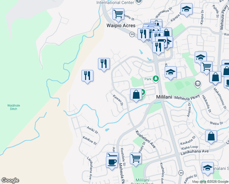 map of restaurants, bars, coffee shops, grocery stores, and more near 95-111 Kawau Street in Mililani