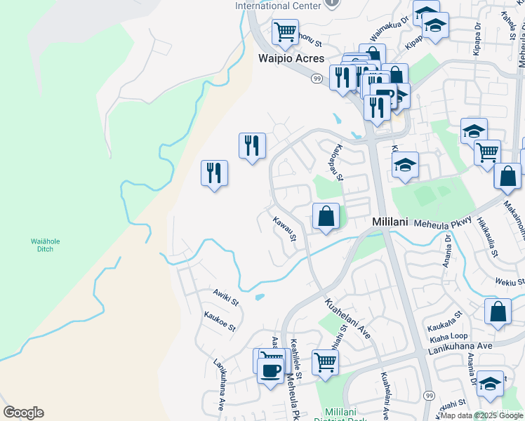 map of restaurants, bars, coffee shops, grocery stores, and more near 95-36 Hokuiwa Street in Mililani