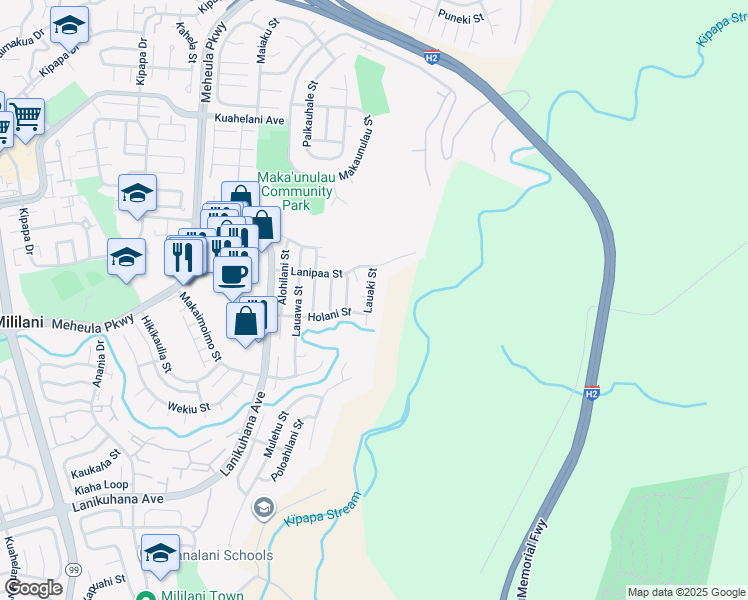 map of restaurants, bars, coffee shops, grocery stores, and more near 95-735 Lauaki Street in Mililani
