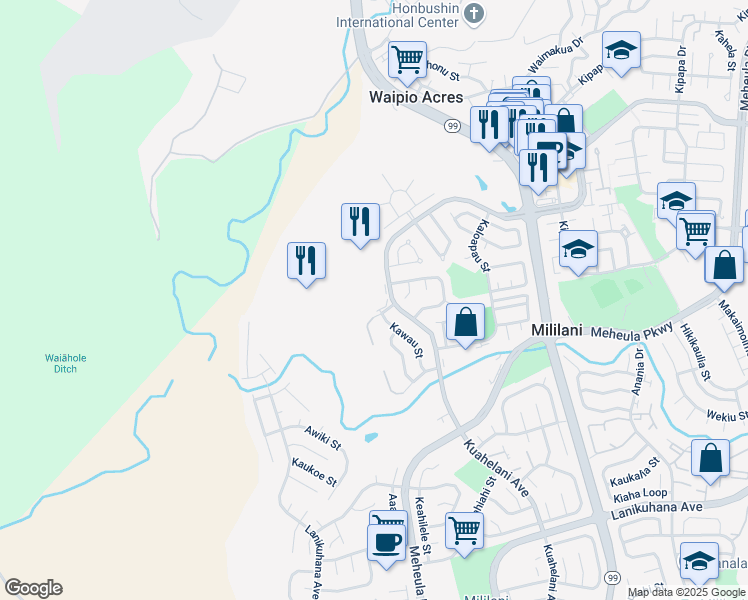 map of restaurants, bars, coffee shops, grocery stores, and more near 95-58 Hokuiwa Street in Mililani