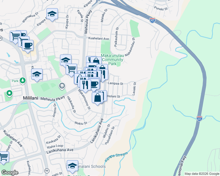 map of restaurants, bars, coffee shops, grocery stores, and more near 95-666 Alohilani Street in Mililani