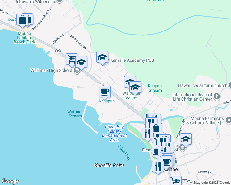 map of restaurants, bars, coffee shops, grocery stores, and more near 85-105J Ala Walua Street in Waianae