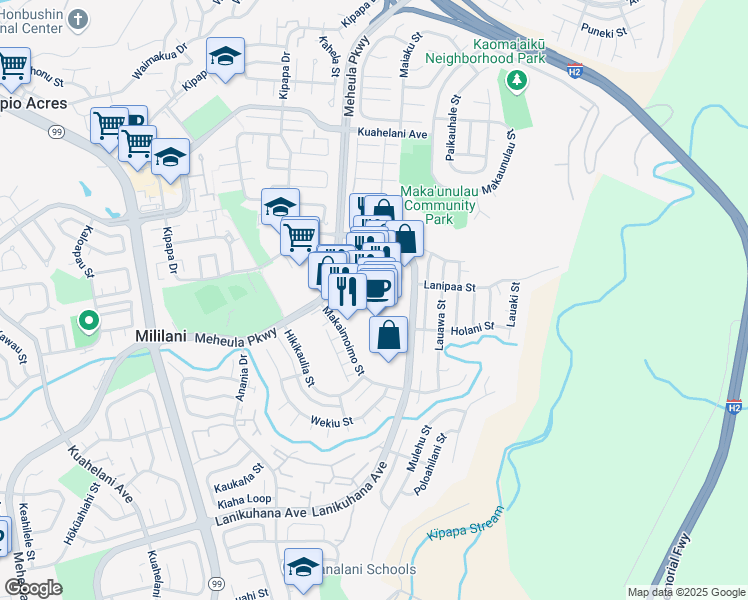 map of restaurants, bars, coffee shops, grocery stores, and more near 95-1249 Meheula Parkway in Mililani