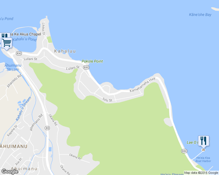 map of restaurants, bars, coffee shops, grocery stores, and more near 47-264 Miomio Loop in Kaneohe