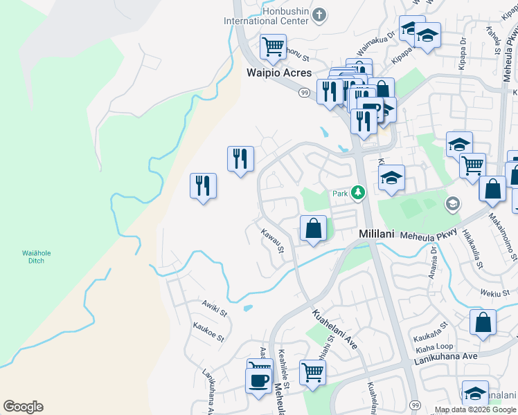 map of restaurants, bars, coffee shops, grocery stores, and more near 95-270 Kaopua Loop in Mililani